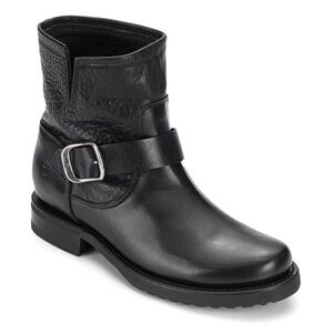FRYE Veronica Pull-On Black Leather Lug Sole Moto Ankle Boot | Women’s 6.5